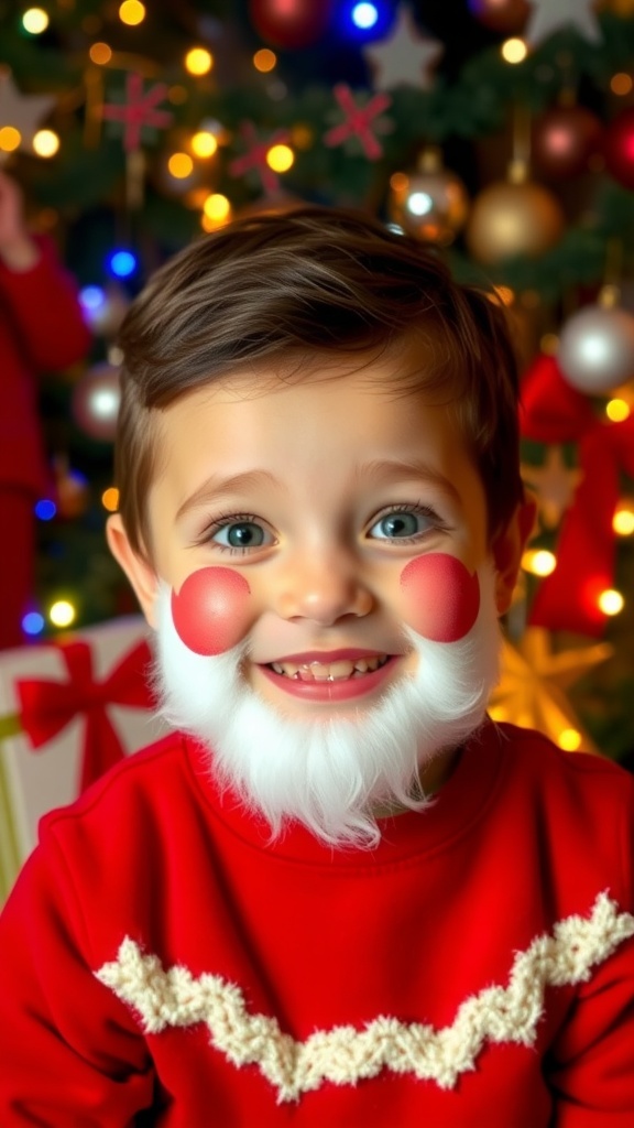 A child dressed as Santa with face paint, smiling in a festive setting.